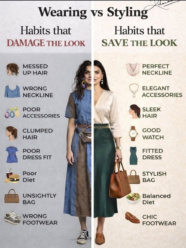 before and after outfit comparison showing outfit with too many mismatched accessories versus a balanced accessory layering example]