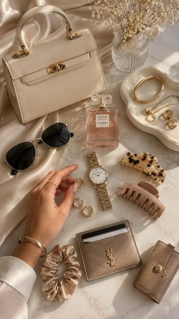 flat lay of accessories ,bags, scarves, watches, kewlery 