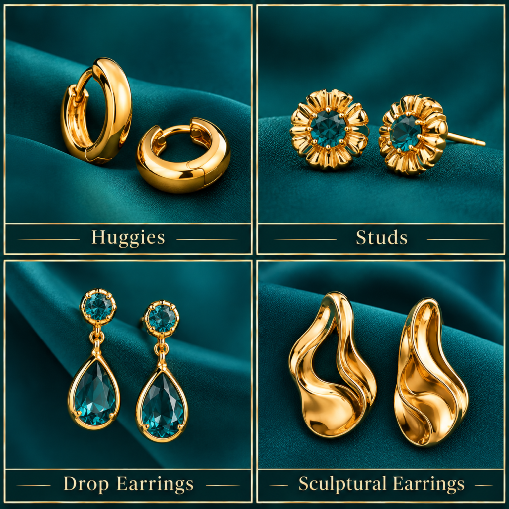 gold huggies , studs , earrings  women fashion accessories 