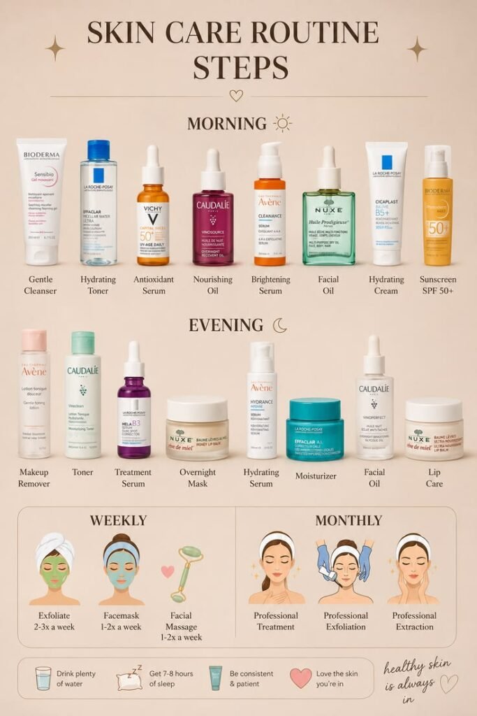 the best skin care routine ,morning ,evening , weakly and monthly steps