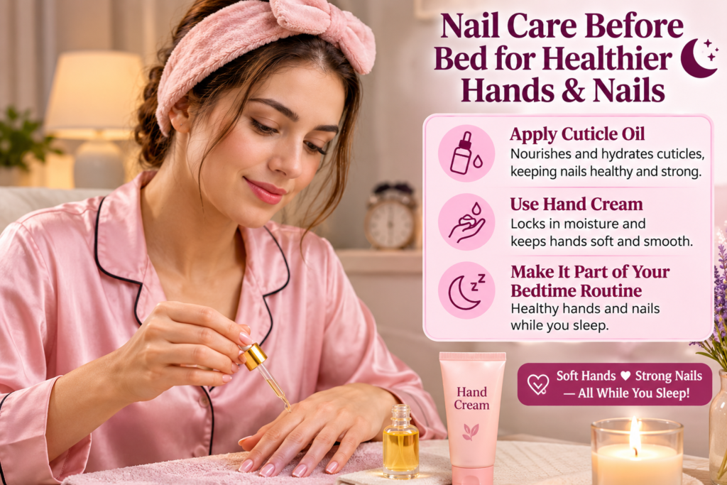 apply  cuticle oil and hand cream before bed  