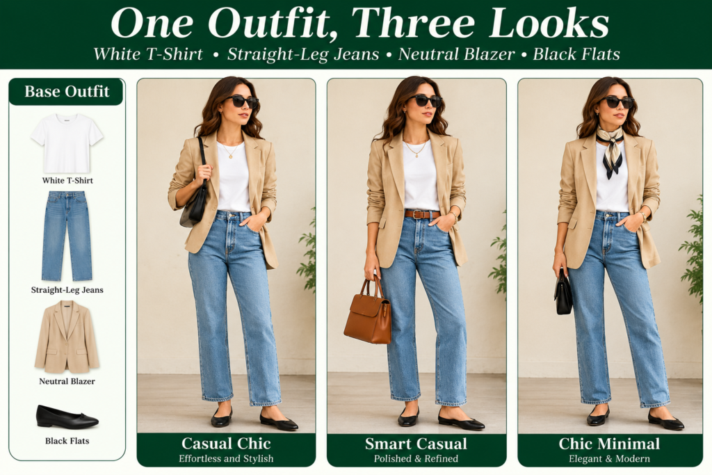 1 outfit 3 looks White T-shirt
Straight-leg jeans
Neutral blazer
Black flats