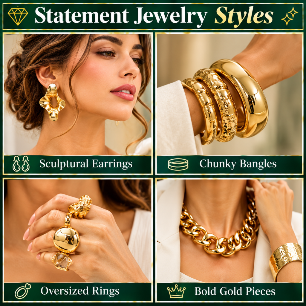 Sculptural earrings
Chunky bangles
Oversized rings
Bold gold pieces