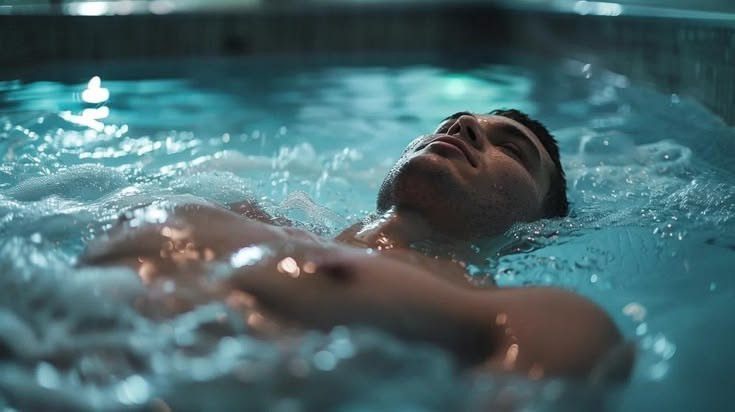 Athlete recovering in ice bath cryotherapy for muscle recovery