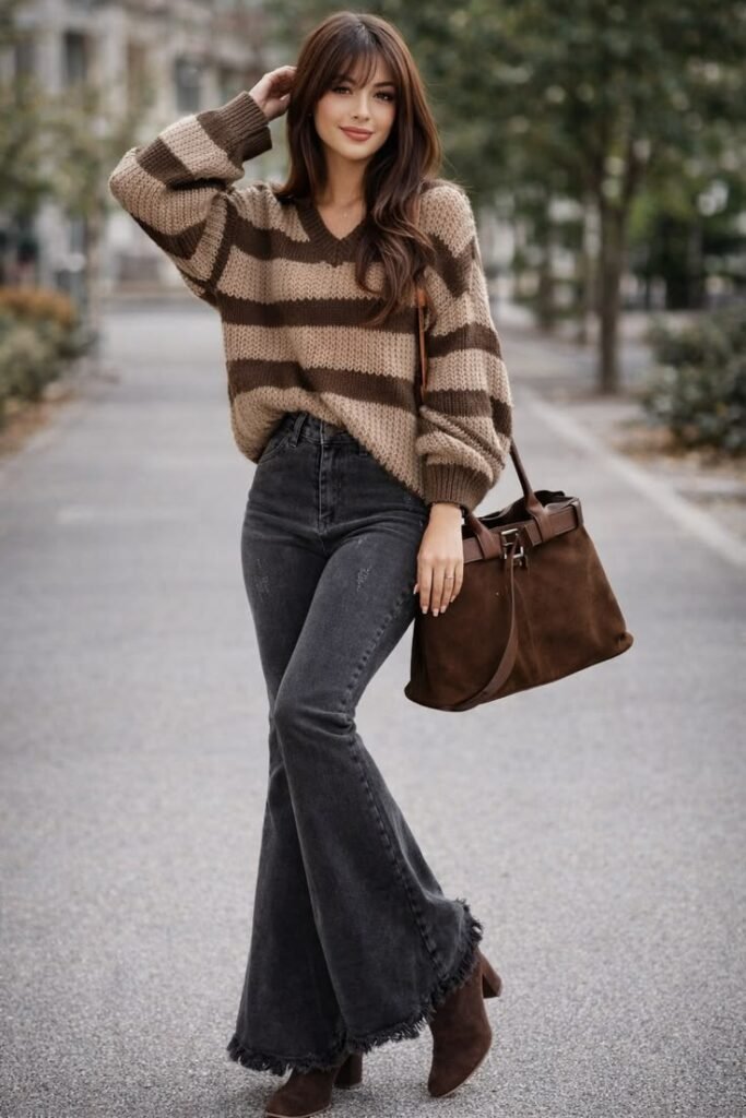 Brown Sweater and Flare Jeans Outfit