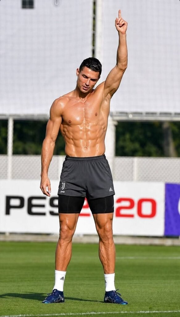 Cristiano Ronaldo shirtless showing lean muscular physique and low body fat during training session