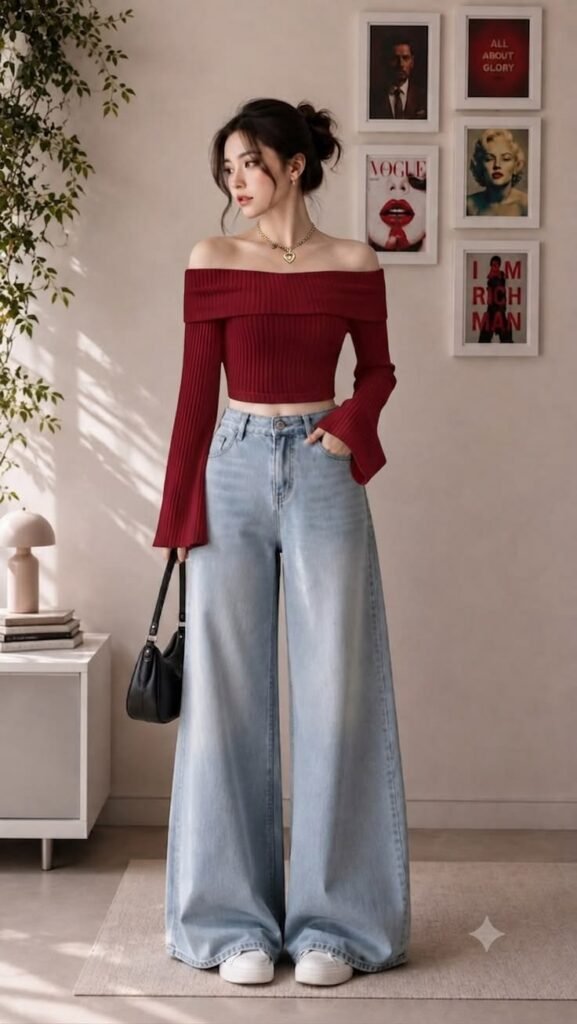 chic red off-the-shoulder sweater with wide-legged jeans