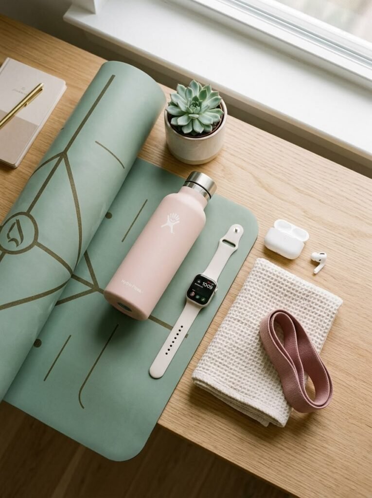 flat-lay of a smartwatch, fitness tracker, and smart ring side by side on a gym mat