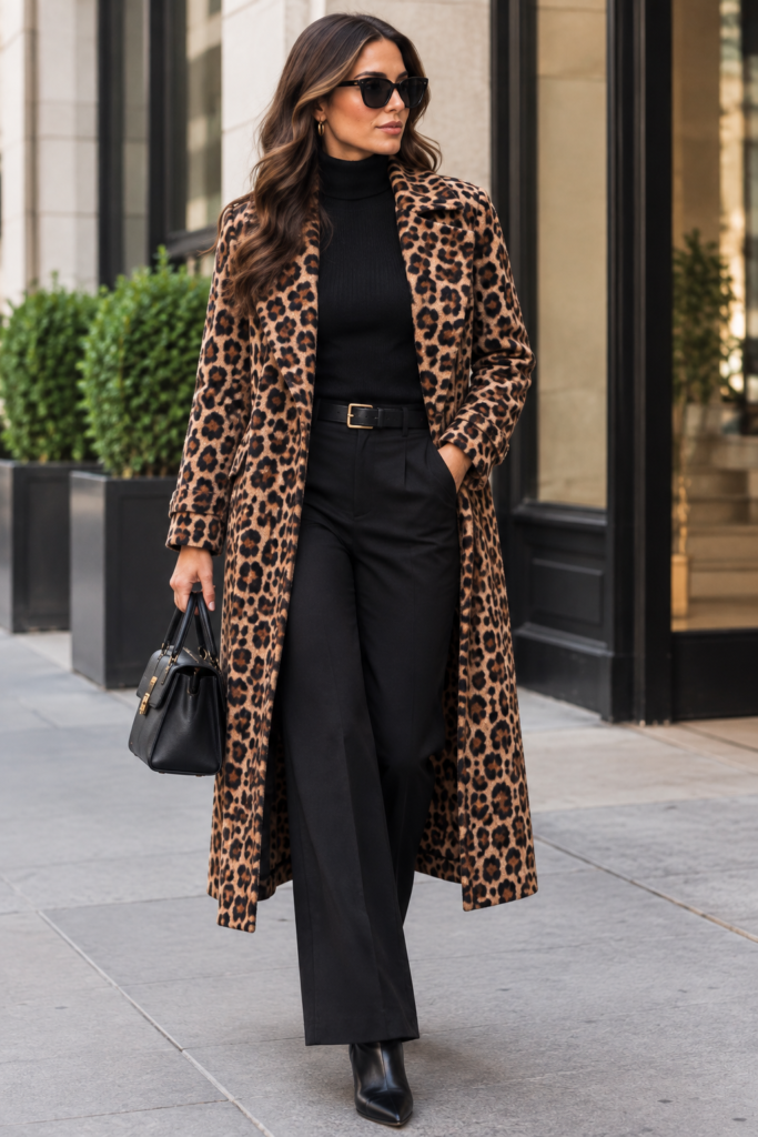 complete black outfit Leopard print coat
