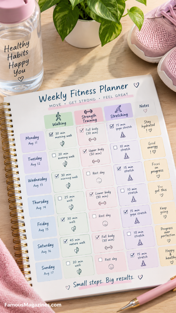  A weekly planner with scheduled walking, strength training, and stretching sessions]