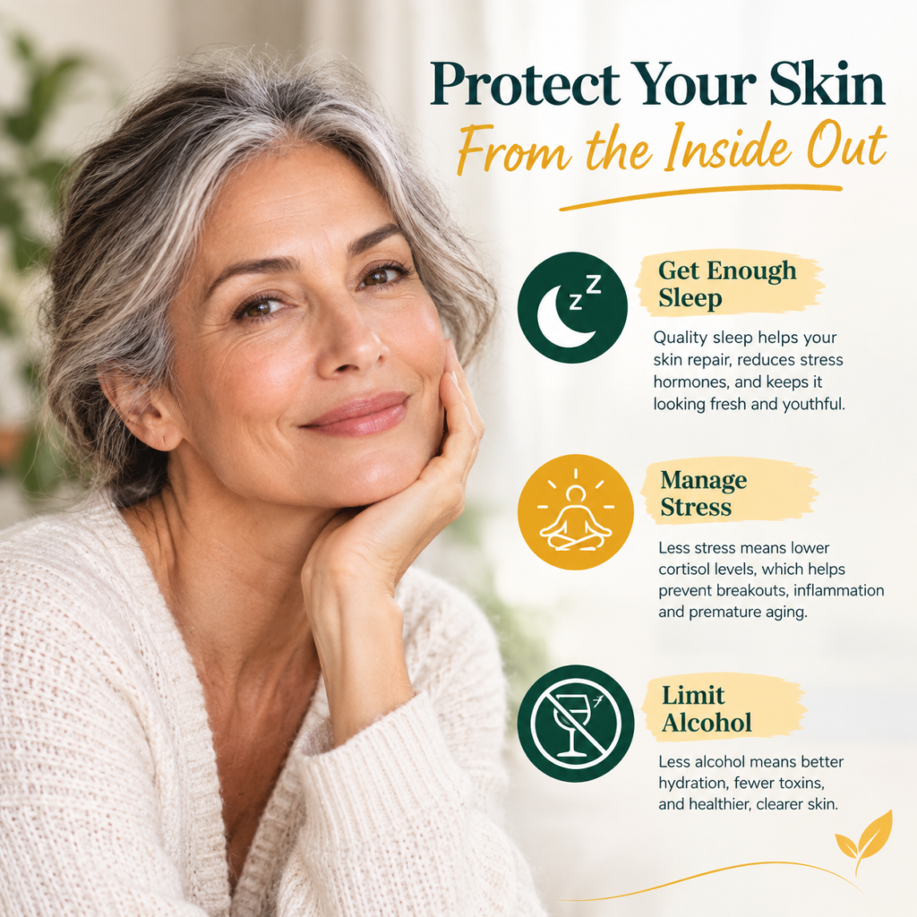 Protect Your Skin From the Inside Out like sleep , manage stress, limited alcohol