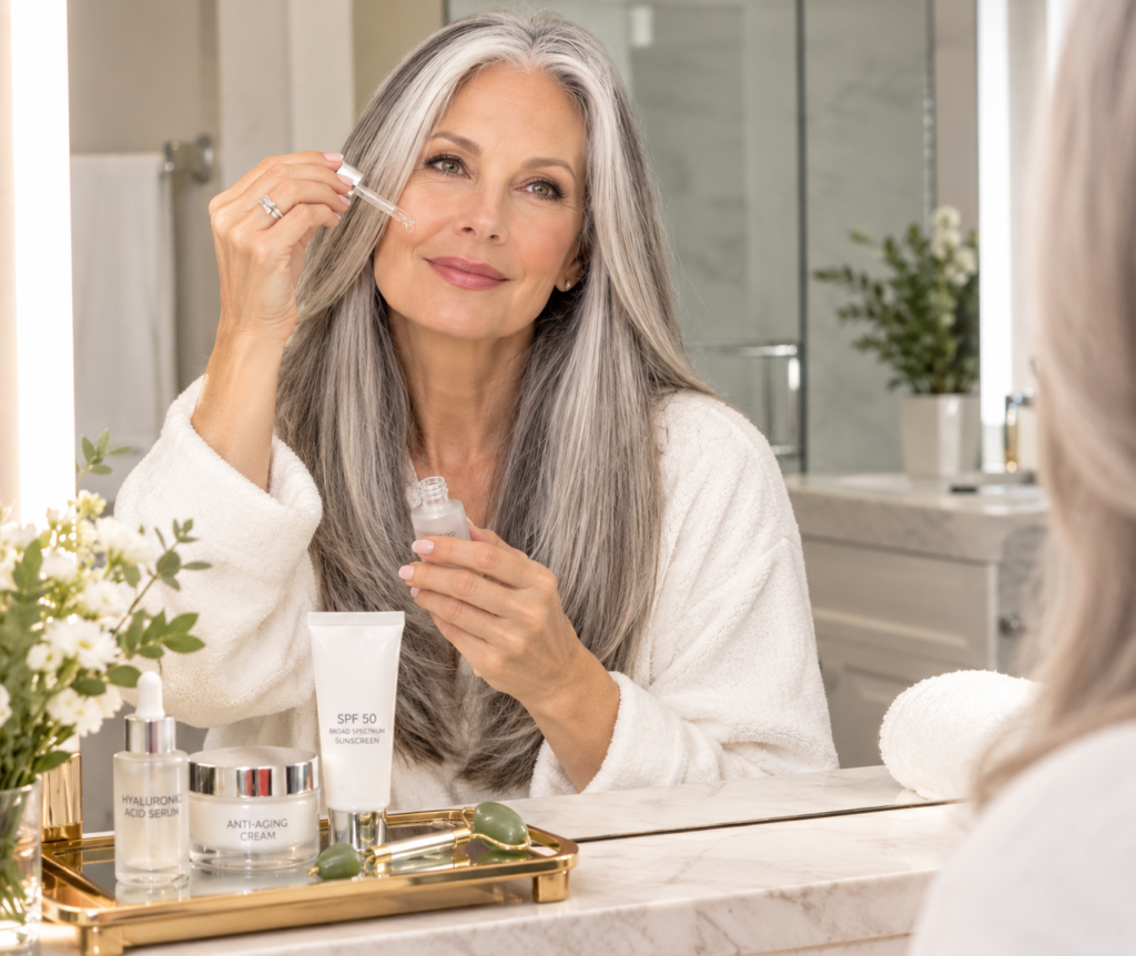 anti-aging skincare routine  : using serum 