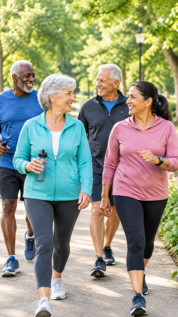healthy aging [IMG: Realistic older adults enjoying a morning walk together in a green park, natural expressions, healthy active lifestyle, editorial wellness photography] 