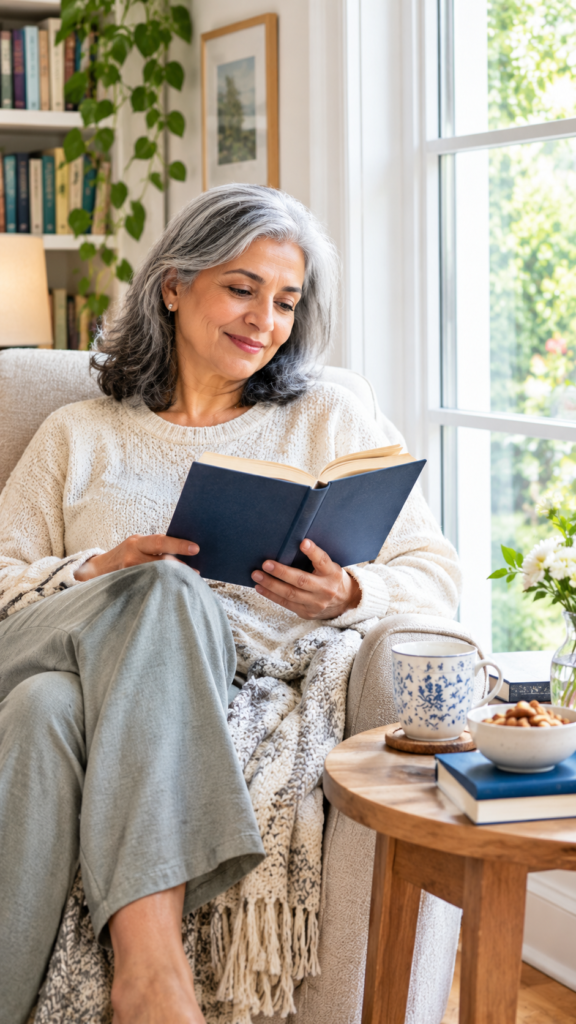 [IMG: Older adult reading a book beside a window while enjoying a quiet morning at home]