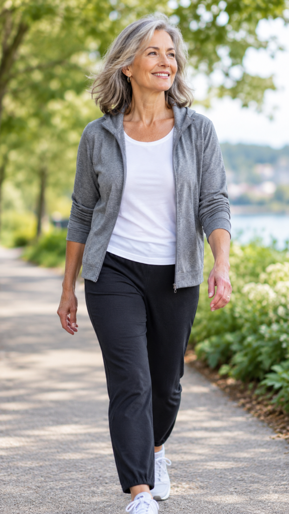 [IMG: Confident woman in her late 50s walking outdoors in comfortable clothing, natural daylight, realistic wellness editorial photography]