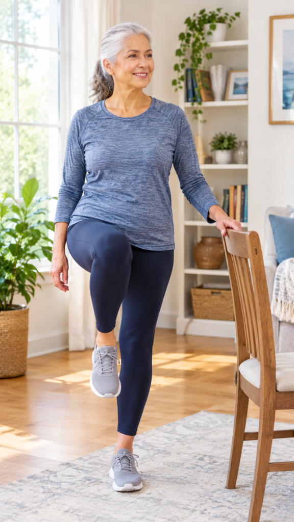 [IMG: Older woman practicing supported balance exercises beside a sturdy chair in a bright home]