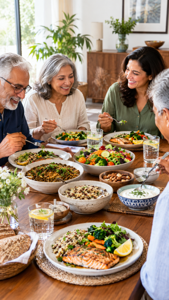 healthy aging I couldn’t generate the new image right now. After the limit resets, you can ask me again to create a Pinterest-style 9:16 realistic image of older family members sitting around a dining table, happily sharing the healthy meal with vegetables, whole grains, lentils, yogurt, nuts, and fish.